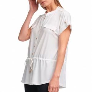 Calvin Klein White Contrast Trim Button Front Top Size Large NWT